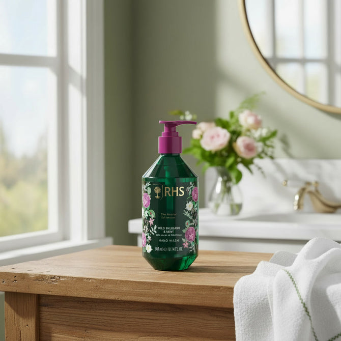 RHS hand wash bottle on a wooden surface with a window and flowers in the background